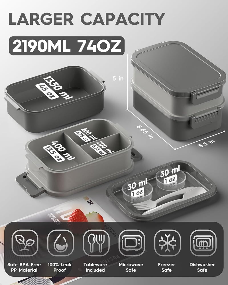 KEMETHY Adults Bento Lunch Box Set with Thermo Bag, 74oz Stackable Leak-proof 3-tiers Bento Box, Built-in Utensil and Sauce Container for Work, School, Dining Out (Gray) - Image 3